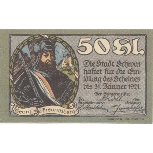 [#284641] Banknote, Austria, Schwaz, 50 Heller, personnage, 1920, UNC(63) Mehl:F - Foto 1 di 2
