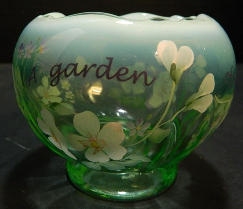 Vintage Artist Signed Fenton Opalescent Green Rose Bowl  Excellent A Garden of F