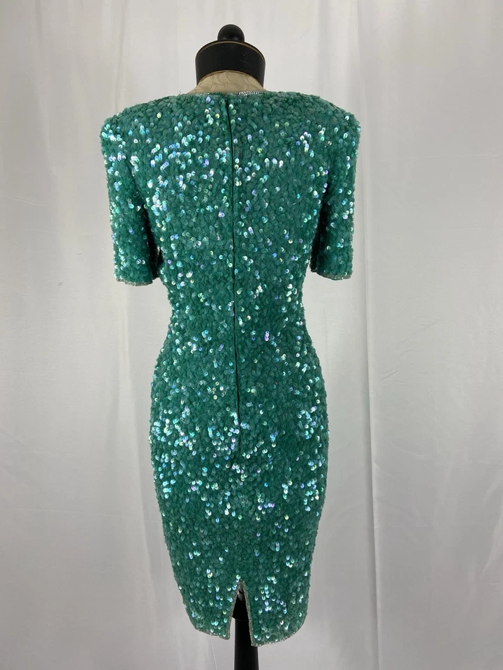 NIPON Noche Talla 6 Vintage Verde Lentejuelas Vestido de Cóctel y Cartera Foto 3 de 4