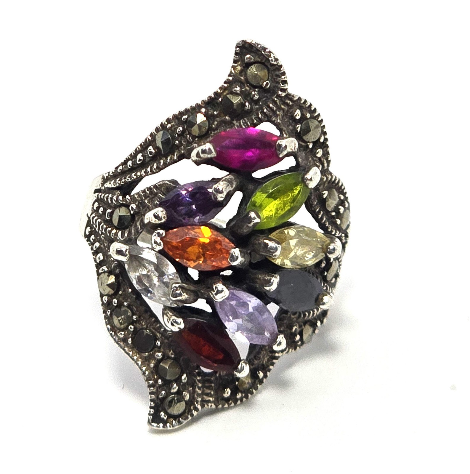 Multicolor Multi gemstone large marcasite vintage… - image 7