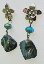 Handcrafted Blue Shell Crystal Flower Dangle Earrings, Silver Metal Post