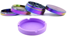 2Pc Set Large 63mm 4 Piece Rainbow Metal Tobacco Grinder & Purple Ashtray
