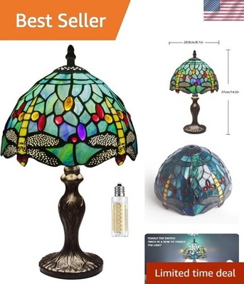 Handmade Stained Glass Table Lamp with Touch Switch - Green Dragonfly Design