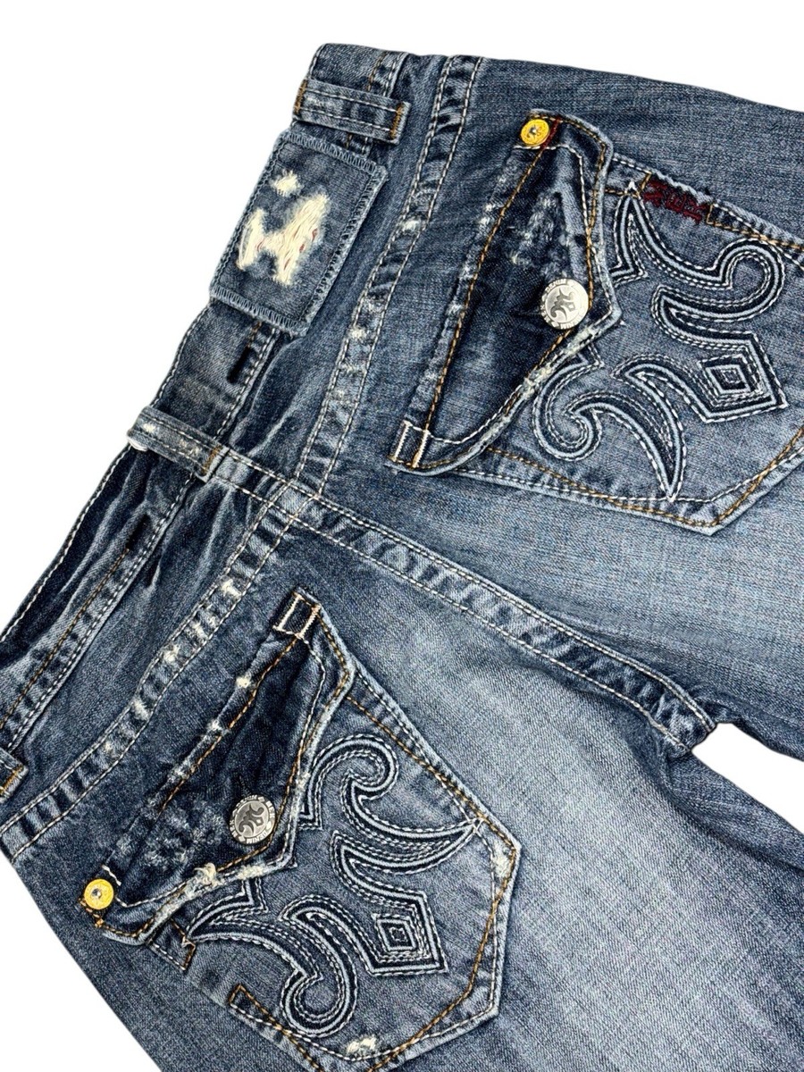 32x34 MEK JEANS BOOTCut OAXACA DISTRESS Embroidery Logo LGB if six