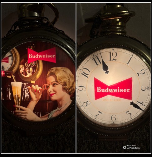 RARE BUDWEISER BEER ELECTRIC POCKET WATCH LIGHTED SPINNING CLOCK DOUBLE SIDED!