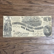 1862 $1 One Dollar Confederate States of America Richmond CSA Bank Note