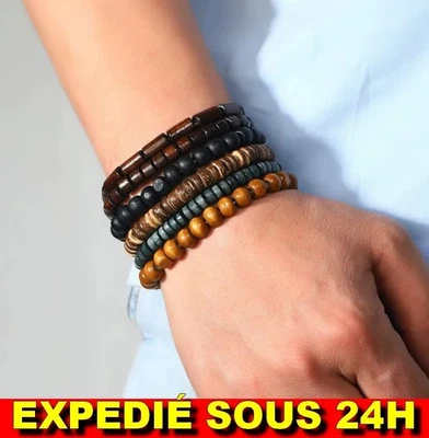 Bracelet Cuir Tressé Homme 6 pcs Vintage Perles Bois Coco Réglable Idée Cadeau - Photo 1/4