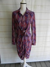 NY COLLECTION MULTI-COLOR LONG SLV FALL COLOR COLLAR SHIRT DRESS TIE WAIST SZ S