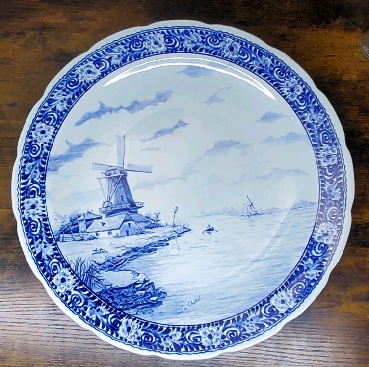 Royal Sphinx Maastricht 16" Delft Blue Windmill Scene Wall Plate-Made in Holland