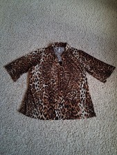 Profession Woman L Leopard Animal Print Button-Down Collared Short Sleeve Brown