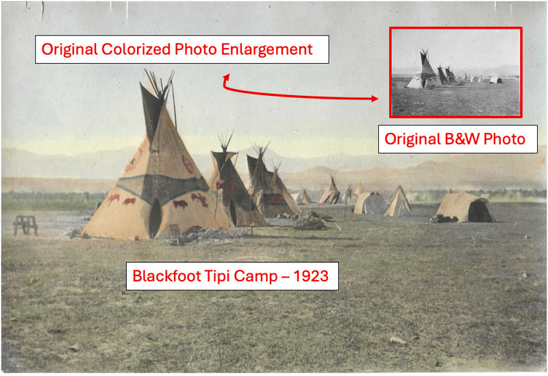 c.1923 - Original B&W Plus Colorized Enlargement - Blackfoot Tipi Camp
