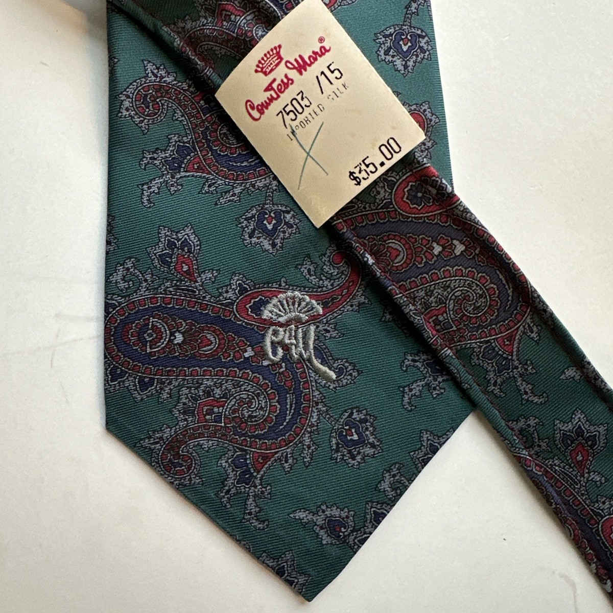 その他 NY NWT Vintage Countess Mara Silk Necktie Tie Teal Paisley CM Initial