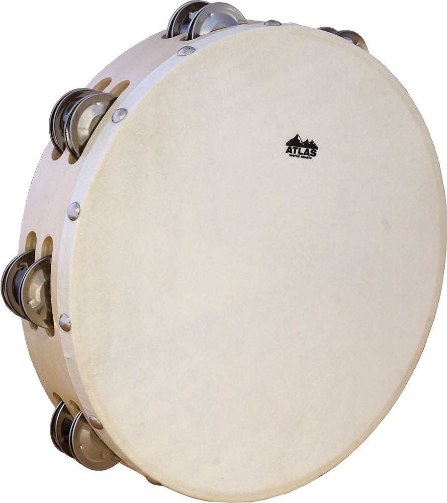 Atlas 10in TAMBOURINE,  Goat Skin. Double Jingle, Wood rim. From Hobgoblin Music