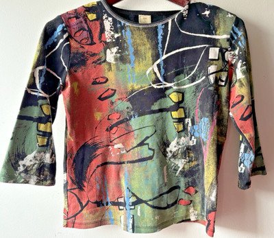 Jess & Jane Kelly Top sz L Colorful Abstract Artsy Knit Cotton 3/4 Slv USA EUC