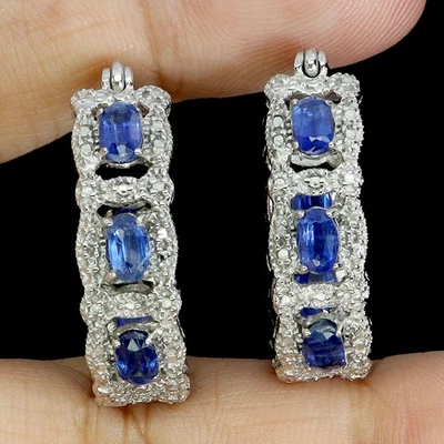 925 Sterling Silber Ohrringe Oval Kyanit 5x3mm Natürlicher Edelstein Schmuck - Bild 1 von 4