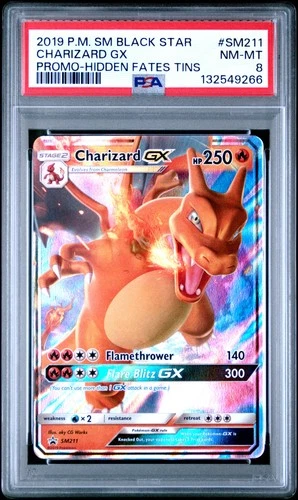 2019 POKEMON SM BLACK STAR PROMO HIDDEN FATES TINS #SM211 CHARIZARD GX PSA 8