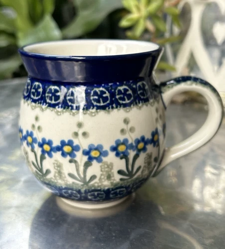 Blue Floral Daisy~Polish Pottery~Bubble Mug Boleslawiec~Handmade Stoneware~New
