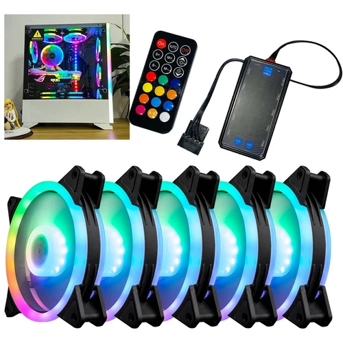 5 Pack 120MM RGB LED PC Case Fan Set Kit Hub Controller Remote Control Cooling