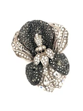 Authentic Kenneth Jay Lane Black & Crystal Orchid Silver Brooch Handmade USA