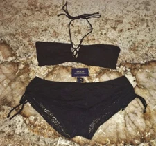 POLO RALPH LAUREN Black Crochet Lace Up Bandeau Bikini Swim Suit NEW Womens XS L