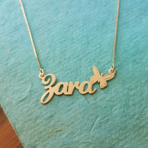 Name Necklace For Girl Solid 14k Gold Nameplate and Chain Butterfly Design - Picture 1 of 8
