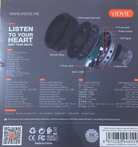 BBH 2104 Vidvie High quality Listen to your heart Bluetooth Wireless Headset - Picture 2 of 2