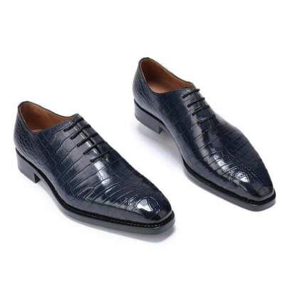 Handmade derby men dress shoes, navy blue Alligator office shoes for mens.