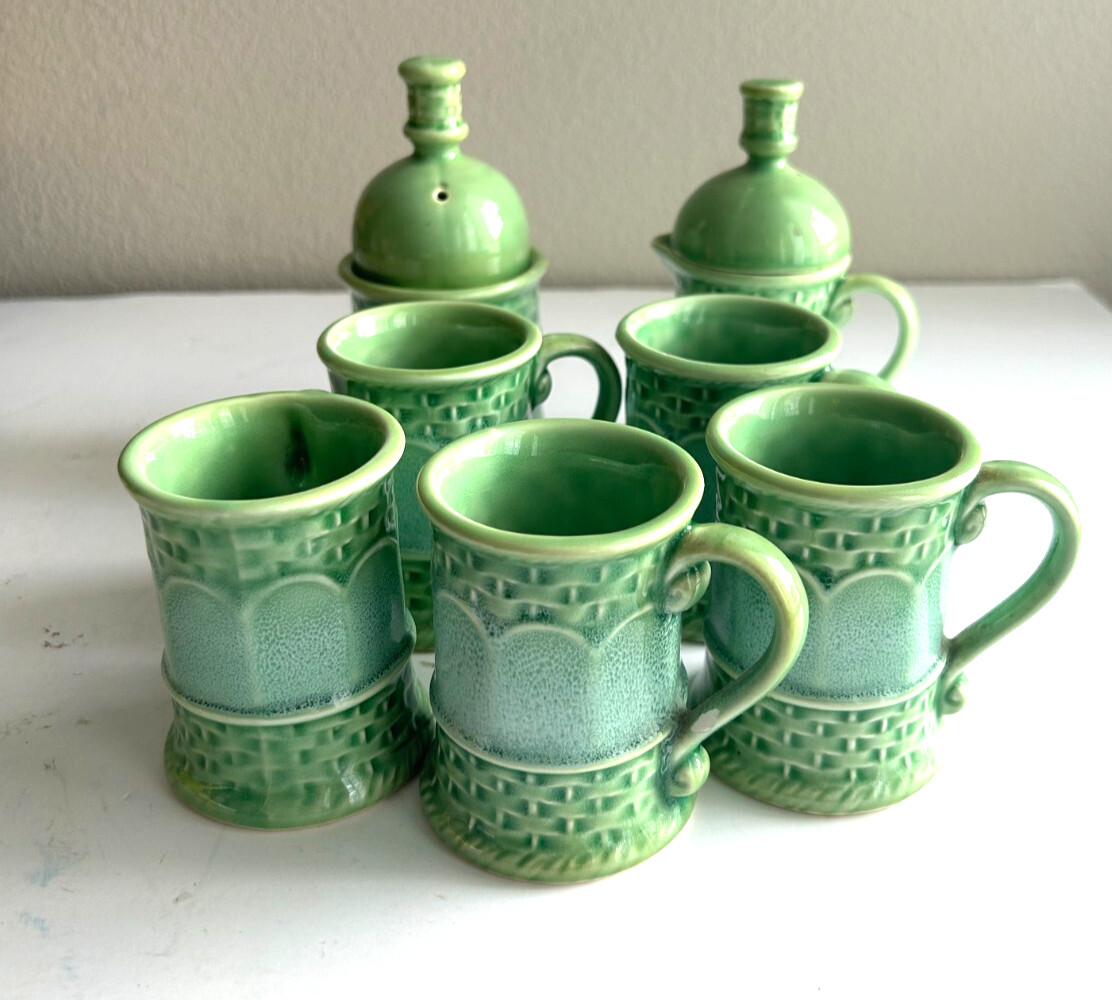 VTG Blue Green Basketweave 5 Espresso/Tea Mugs w/ HTF Lidded Cream & Sugar Japan