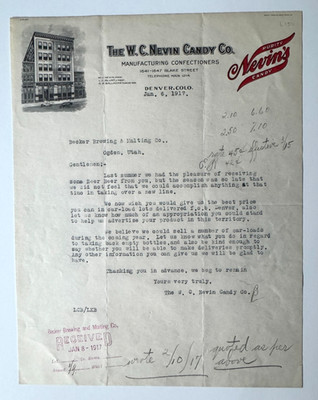 Vintage 1917 Letterhead Denver Colorado WC Nevin Candy Co Confectioners vignette