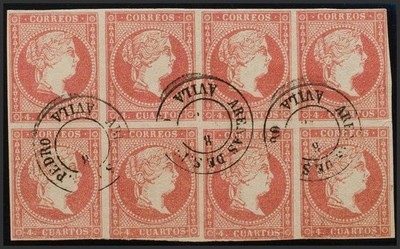 Castilla y León. Filatelia. º USADO 48(8). 1856. 4 cuartos rojo, bloque de ocho