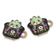 Cat Teacup Charm 6pk Enamel Whimsical Kitty Pendant Gold Floral Kawaii Cute