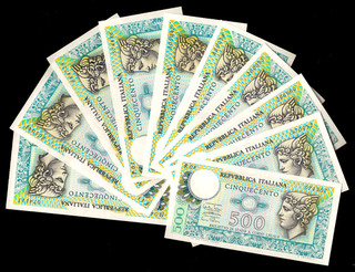 X 10 BANCONOTE 500 LIRE TESTA DI MERCUR IO 14 2 1974 FDS/UNC