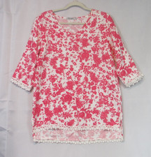 Elena Baldi Womens 100 Linen Pink/White Floral 3/4 Sleeve Tunic Made Italy Sz M
