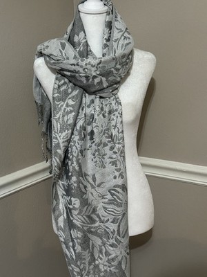 Modern Expressions Gray Silver Threads Fringed Scarf Shawl Wrap 28'' W X 68'' L