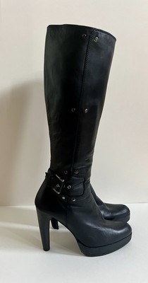 Stuart Weitzman Black Soft Leather Platform Tall Thick Heel Boots 7M Spain