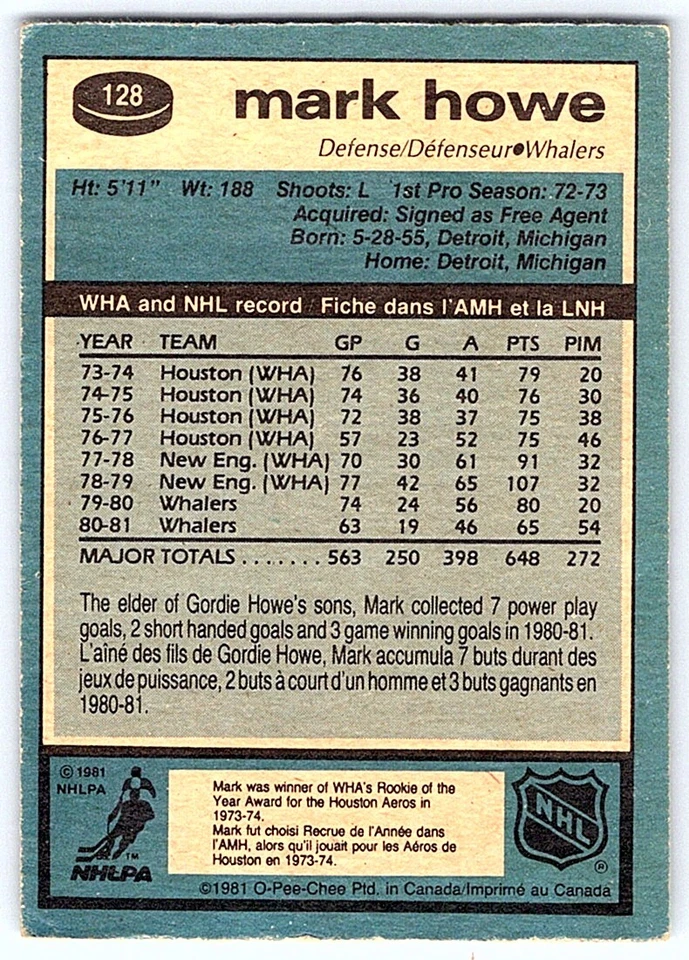 1981-82 O-Pee-Chee Mark Howe Hartford Whalers #128 - Image 2 of 2