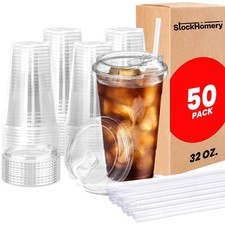 32 OZ Clear Plastic Cups With Lids  Straws Reusable Disposable Iced Coffee