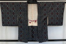 Japanese Vintage Kimono Haori Jacket Silk Black Oshima Traditional Authentic29in