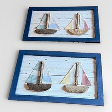 3D Nautical Weathered Sailboat Coastal Shadow Box Wall Art Framed Set(2) 12x24x1