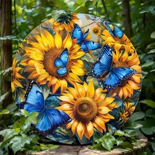 1pc 2D Charming and Sunflower Garden Scene- 7.87inch Round Aluminum Wall Decorat