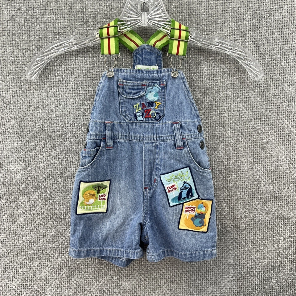 Flapdoodles Shortall Denim Overalls Baby 12M Embroidered Lion Rhino Gorilla Y2K - Image 3 of 4