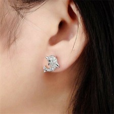 Adorable New Sterling Silver Plated Clear Crystal CZ Dolphin Stud Earrings