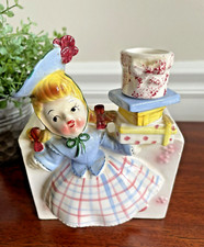 Vintage Relpo Girl With Hat Carrying Packages Ceramic Planter Figurine Rare