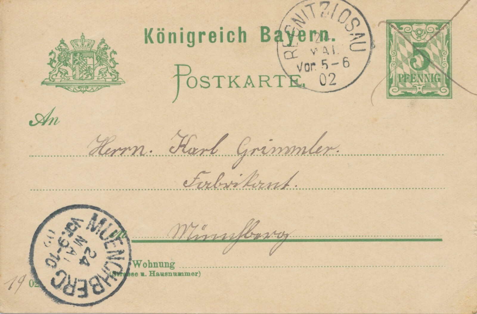 Bavaria local stamp Regnitzlosau K1 and Munichberg (Münchberg) K1 1900 on 5 Pf
