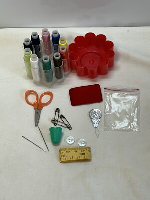 Vintage Sun Flower Box Sewing Set Thread, needles, scissors thimble, measuring