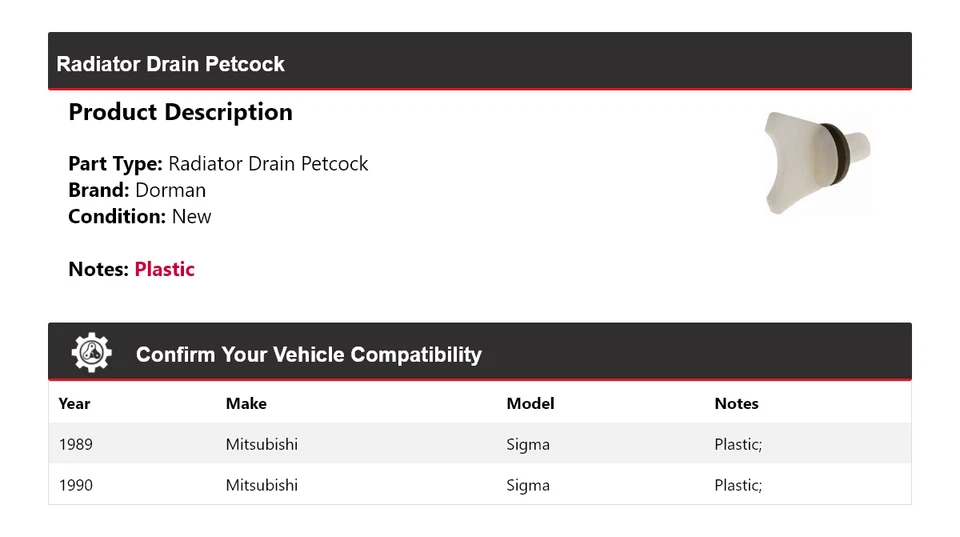 Tornillo de drenaje de radiador para Mitsubishi Sigma Dorman 1989-1990 Foto 2 de 4