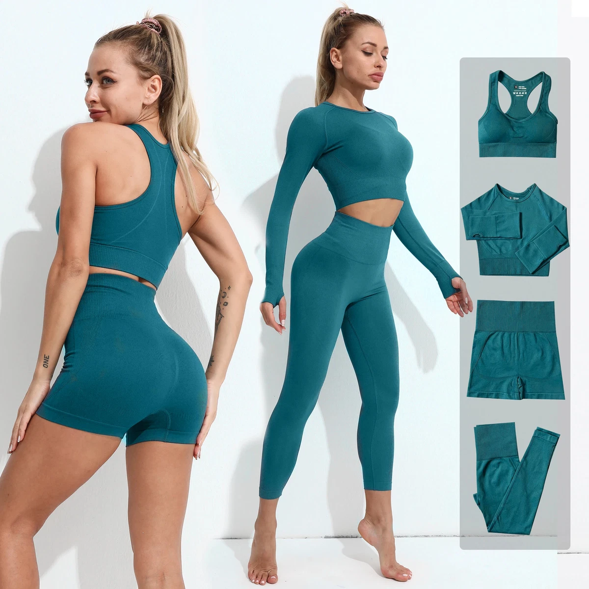 4Pcs Seamless Women Workout Set Gym Clothes Fitness Long Sleeve Top High  Waist