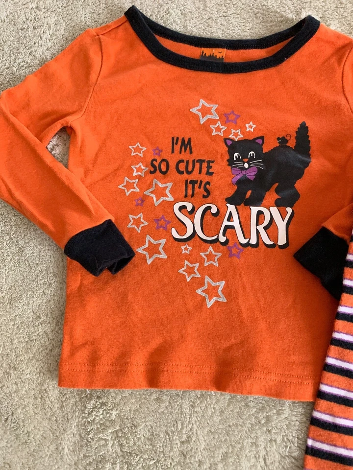 Girls Orange Black Cat I’m So Cute It’s Scary Halloween Snug Long Pajamas 2T - Image 2 of 4