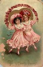 To My Hearts Dearest, Two Girls in Pink Dresses, Flowers, 1909 Embossed Postcard