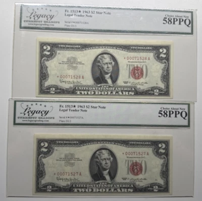 LEGACY58 STAR TWO CONSECUTIVE 1963 2$ LOW SERIAL # THREE 000 DIGITS 1527/8A - Image 1 of 2